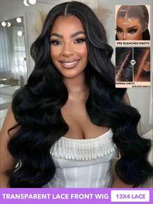 13x4 波浪卷发蕾丝闭合假发，巴西蕾丝前假发，真人发，150%/200% 密度，预先拔毛，自然发际线，带婴儿绒毛，漂白发结，自然黑色，8-20/22/24/26/28/30 英寸 - Natural Black - 查看 2