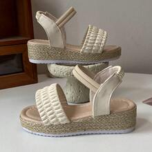 韩版简约儿童软皮厚底凉鞋 - 米色套脚踝带编织鞋底 - 杏色 - 查看 2