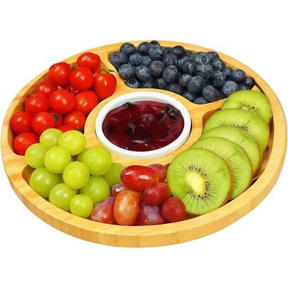 Divided Serving Dish Tray,7.9 In Round Bamboo Serving Trays,Wooden Candy Platters With 5 Compartments,Lazy Snack Trays For Home Decor,Parties, Events (1pc)