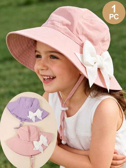 1顶儿童纯色蝴蝶结帽，可调节透气休闲渔夫帽，适合户外活动和日常佩戴，透气蝴蝶结儿童渔夫帽，带花卉图案防晒帽，配有防风绳，可爱儿童遮阳帽，婴儿渔夫帽，儿童防晒帽
