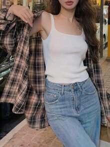 女士格子长袖 Polo 领休闲宽松衬衫，春季款 - 棕色 - 查看 6