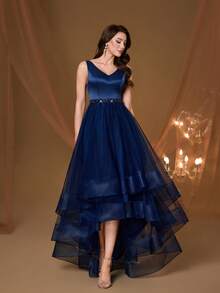 Mgiacy New V-Neck Elegant Plus Size Puff Dress Pearl Decor Mesh Long Dress, Summer Wedding Party - Blue - View 3