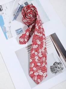 1pc Fashionable Men's Leaf Pattern Tie, Versatile For Daily, Commute, Outing, Party Matching - Red - View 5