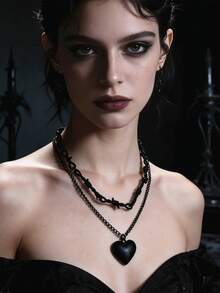 1/2 件黑白哥特式多层金属刺、珠和蝴蝶吊坠项链，适合女性日常佩戴 - 黑色 - 查看 5