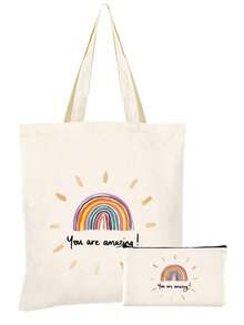 10/5/4/2pcs/1pc/Set Teacher Themed Canvas Tote Bag, Shopping Bag, Zipper Pouch, Appreciation Card, Apple Keychain Canvas Gift Set, Suitable For Back To School, Graduation, Teacher's Day, Multi-Purpose Shopping Bag, Book Bag, Stationery Pouch Set, Portable For SPA, Party, Gym, Travel, Cosmetic Organizer - Beige - View 69