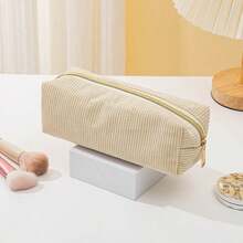 1pc Corduroy Pencil Case, Large Capacity Soft Zipper Pencil Pouch, Makeup Bag, School & Office Desk Stationery Storage Bag, Creative Gift, Suitable For Thanksgiving, Christmas, Birthday, Halloween Decor, Back To School, Pencil Case, Backpack - Thick Stripes - View 1