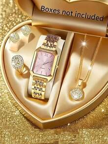 1pc Women's Luxury Steel Band Watch, Fashion Minimalist Square Quartz Watch Set For Female Students - Gold - View 2