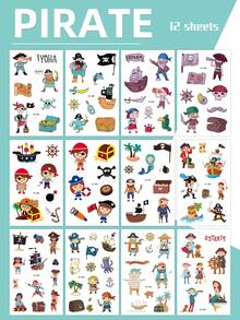 12 Folhas de Tatuagens Temporárias de Piratas, Adesivos de Tatuagem Impermeáveis de Canhão, Pólvora, Jake Capitão Neverland, Suprimentos e Lembrancinhas para Festa de Aniversário de Piratas, Duram de 2 a 5 dias - Multicolorido - Visão 9