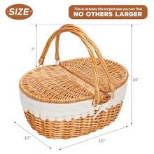 Wicker Picnic Basket With Removable Liner Empty Picnic Baskets With Lid Vintage-Style Picnic Hamper With Folding Woven Handle For Picnic Camping Outdoor Halloween Thanks Giving Birthday Cream - CreamLinerWWillowLid - View 5