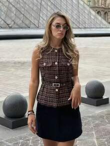 GMFP 女士亮片装饰外套，休闲优雅通勤装，金属单排扣圆领系带串珠亮片纹理斜纹软呢背心，新年/情人节夏季款 - 紅棕色 - 查看 4