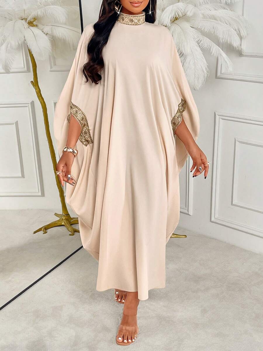 AIJ Abito elegante da donna Amarilo, di colore unito, minimalista, casual, con collo alto e cintura in vita - Albicocca - Visualizzare 1