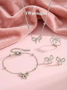 1 Set Elegant Stainless Steel Gold Butterfly Pendant Necklace, Bracelet, Earrings, Ring Jewelry Set, Suitable As Daily Wear Accessories Gift For Girls - Silver - View 1