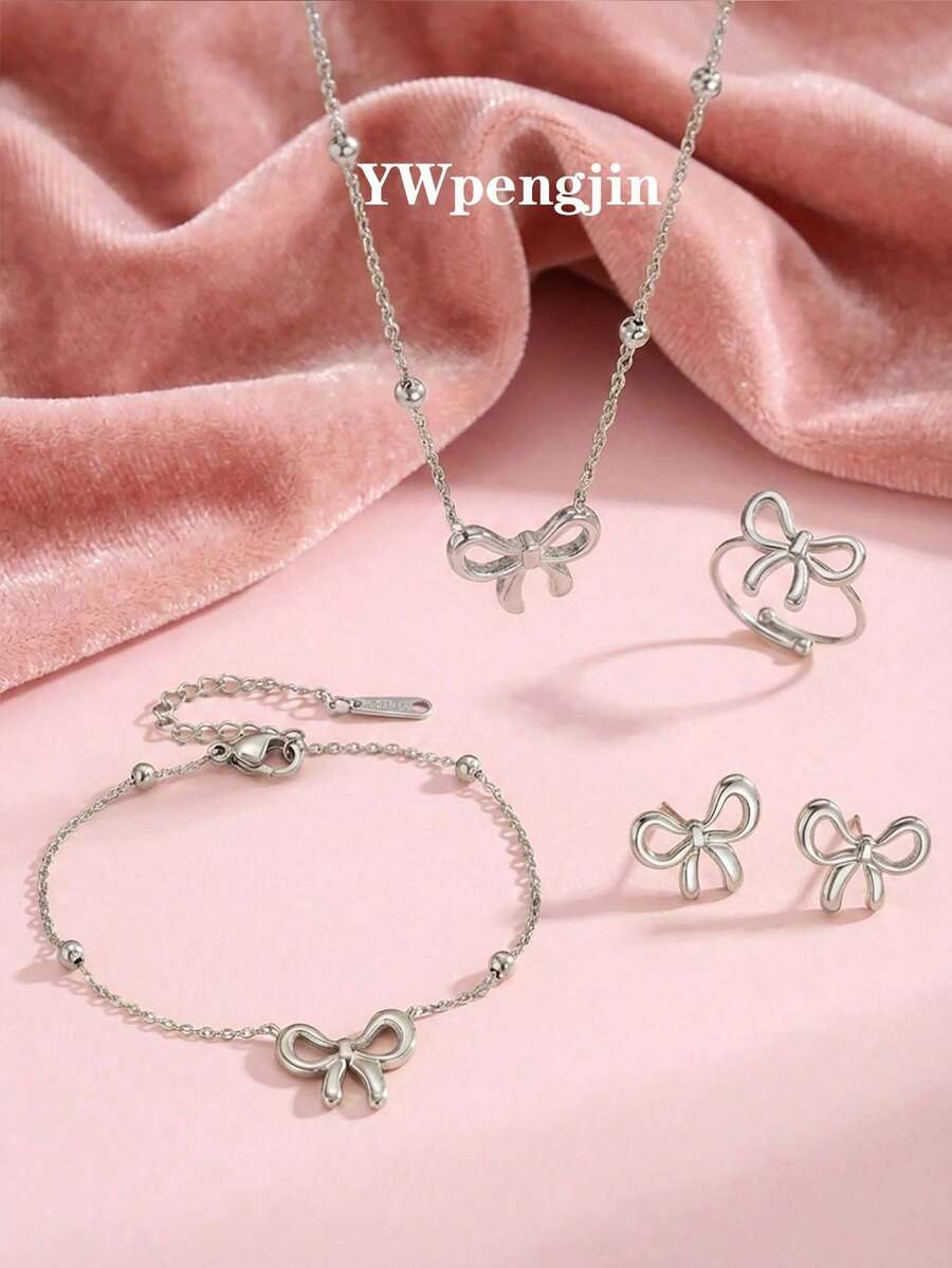 1 Set Elegant Stainless Steel Gold Butterfly Pendant Necklace, Bracelet, Earrings, Ring Jewelry Set, Suitable As Daily Wear Accessories Gift For Girls - Silver - View 1