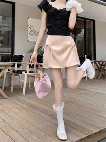 Pink Bowknot Pleated A-Line Mini Skirt For Women, Slim Fit, Lined, Side Zipper, Summer - Pink - View 6