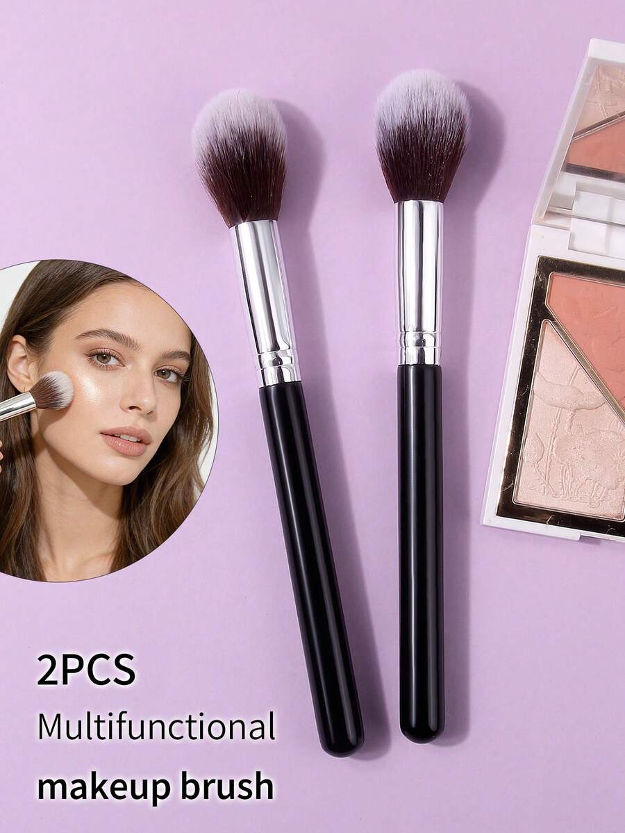2支装高级木柄腮红刷、软毛散粉刷、高光刷、蓬松晕染化妆刷 - 黑色 - 查看 1