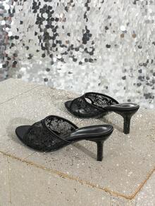 女士时尚网纱刺绣圆头黑色高跟凉鞋，优雅舒适的细高跟套脚凉鞋 - 黑色 - 查看 6