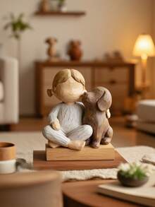 Girl Hugging Dog Sculpture - Rustic Style Resin Figurine Home Decor, Suitable For Living Room, Desk And Shelves - Multicolor - View 5