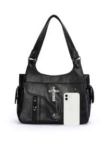 1件复古大容量手提包，复古PU单肩斜挎包，女士休闲托特包兼钱包 - 黑色 - 查看 5