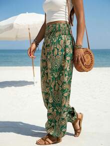 女士高腰休闲度假印花抽绳阔腿裤 (YY1182)，春夏款 - 綠色 - 查看 7