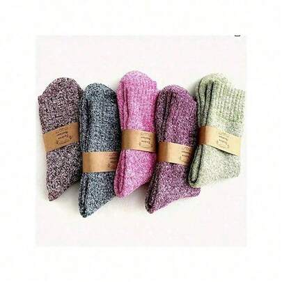 5 Pairs,Women's Spring  And Winter Warm Short Tube Socks, Women's Thick Knitted Warm And Comfortable Calf Socks, Retro Style Socks, Suitable For Outdoor Travel Wear
