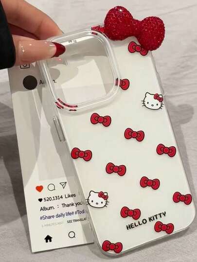  Funda protectora para iPhone 17/16 Pro Max compatible con el diseño de lazo y gato de Sanrio, nueva funda a prueba de caídas con estilo de niña para Apple 15 14 13, cobertura completa, hecha a mano con decoración de lazo de cristal, a prueba de golpes