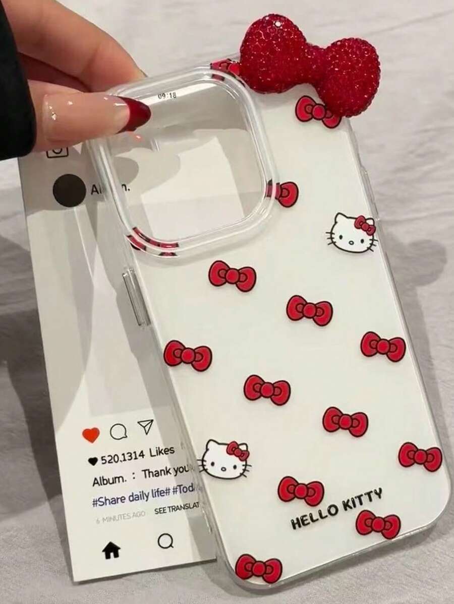 SANRIO 可爱时尚蝴蝶结小猫咪手机壳,兼容 17/16 Pro Max,新款防摔,适用于苹果15/14/13,少女风全包覆,手工DIY水钻蝴蝶结装饰,防震手机保护套,春季生日礼物 - 彩色 - 查看 1