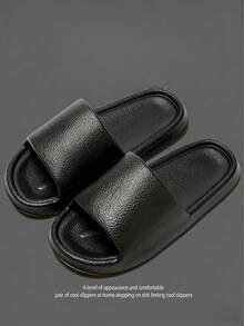 High-End Fashion Versatile Soft Leather Pattern Black Simple Eva Material Silent Soft Sole Non-Slip Bathroom Men's Home Slippers - Black - View 5