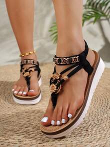 女士时尚波西米亚风凉鞋，休闲百搭，适合度假、派对、海滩，厚底人字拖 - 黑色 - 查看 5