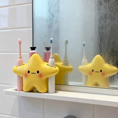 1 stuk schattige stervormige plastic tandenborstelhouder - Zelfstandig staande badkameropberger, charmant ontwerp, stevige plastic constructie, ruimtebesparende organizer voor tandenborstel en tandpasta