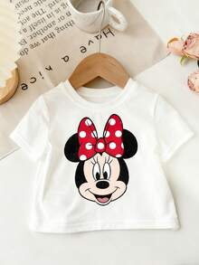 Disney White Background Minnie Mouse Red Polka Dot Bow Print Baby Short Sleeve T-Shirt - Sweet And Cute Casual Top - 白色 - 查看 3