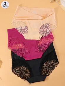Set de 3 bragas de mujer de unicolor y sexy con aplicaciones de encaje y seda de hielo - Multicolor - Ver 4