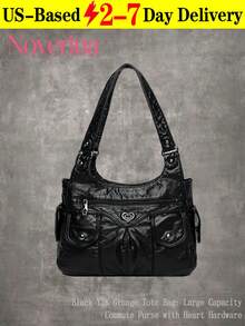 1pc Vintage Large Capacity Handbag, Vintage PU Shoulder Messenger Bag, Women Casual Tote Bag And Wallet - 黑色 - 查看 11