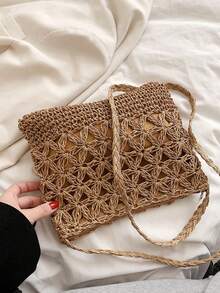 夏季时尚百搭休闲手工编织大容量沙滩草编斜挎包 - 卡其色 - 查看 4