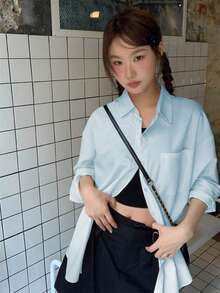 Women's Loose Fit Turndown Collar Backless Tie-Up Long Sleeve Blouse, Lightweight, Spring/Summer - Blue - View 5