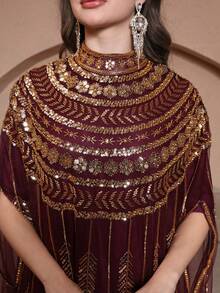Váy kiểu Ả Rập rộng rãi màu đỏ rượu vang đính sequin. - Màu Đỏ Sâu - Xem 6
