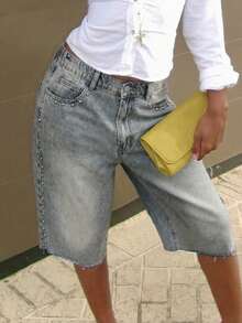 大码浅色水洗百慕大牛仔短裤 - 藍色 - 查看 3