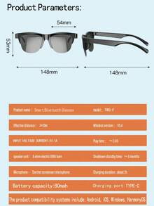 Wireless Smart Sound Multi-Function Bluetooth Glasses, With Wireless Calling, Music Playback, HIFI Sound Quality, High-Definition Lenses, Touch Control, Long Battery Life, Unisex Design And Rechargeable Technology Wireless Smart Glasses Headphones - Black - View 12