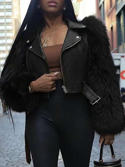 Casual    Fuzzy  Zipper  Contrast Faux Fur    Coat  Daily    Autumn And Winter