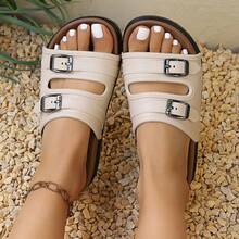 2026夏季新款时尚百搭双扣休闲平底露趾拖鞋 - 白色 - 查看 9