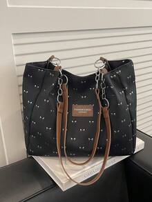 时尚条纹手提包 - 女士大容量单肩包 - 拉链托特包，适合日常使用 - 简约链条单肩托特包，适合青少年女孩、大学生、职场新人及白领，完美适用于办公室、工作、商务、通勤，是女士最佳工作包之选，闪亮图案 - 黑色 - 查看 8