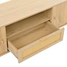 Modern TV Cabinet With Rattan Drawers With Open Compartments, Rounded Tabletop, Metal Legs In Wood Look, Multifunctional Living Room Furniture.