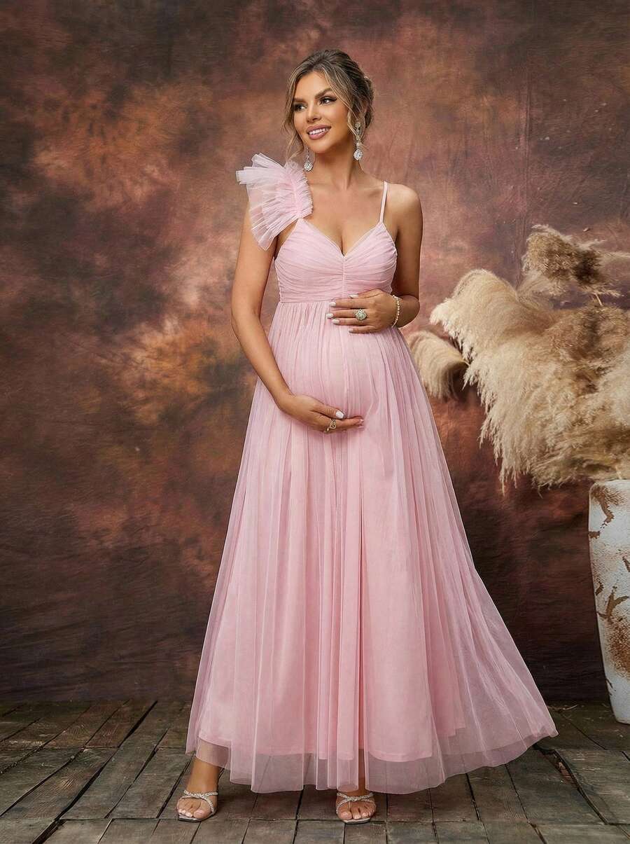 Irresista Pregnant Women Solid Color Pleated Mesh Patchwork Ruffle Hem Elegant Dress - Pink - View 1