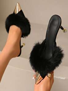 女士黑色毛绒高跟鞋,时尚猫跟尖头穆勒鞋,优雅套脚高跟鞋,尖头高跟鞋,纯色正装鞋,适合搭配连衣裙和旗袍,秋冬季 - 黑色 - 查看 4