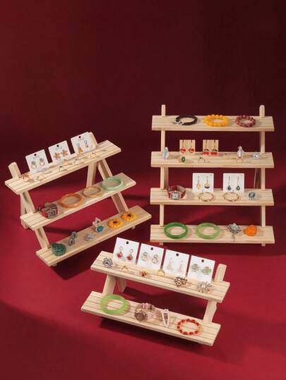 1 Pc Multi Layer Foldable Wooden Ladder Jewelry Display Stand Creative Storage Rack Heavy Duty Desktop Organizer Kitchen Storage Perfume Holder Cup Shelf Multi Size Trapezoid Stand For Toy Plant Home Office Dormitory Organization Back To School Essential