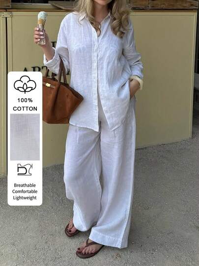 Conjunto de 2 piezas para mujer de PoPoHouse - Camisa de manga larga con cuello y pantalón ancho de pierna suelta de algodón de unicolor, elegante y casual, adecuado para el viaje casual, el Día de San Valentín, primavera/verano, ropa casual para mujer, conjunto blanco para mujer
