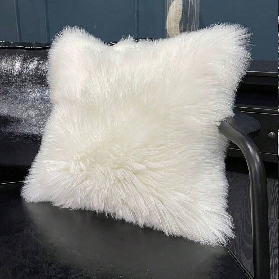 1 pieza Almohada de peluche de lujo de piel sintética - Funda esponjosa y realista con cierre de cremallera, lavable a máquina, cálida para invierno, decoración para cama, sofá y sillón (relleno no incluido) - Accesorio elegante - Blanco - Ver 1