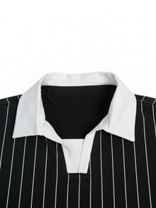 GRDR Fashionable Retro Black & White Vertical Striped V-Neck Polo Shirt, Men's Casual Short Sleeve Top - Black - View 3