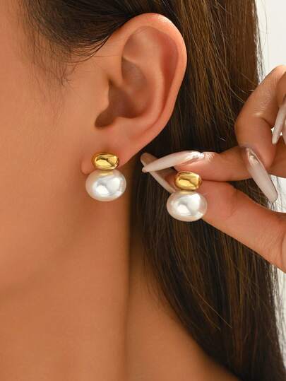 一对不锈钢珍珠耳钉，复古简约优雅风格，适合日常佩戴