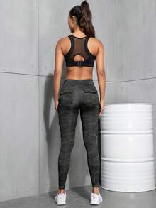 女士多口袋工装健身裤 - 多口袋设计，方便放置智能手机，弹力修身运动紧身裤 - 灰色 - 查看 4