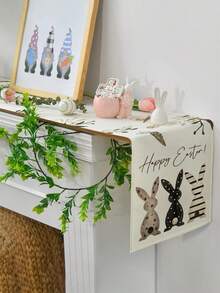 1pc Linen Easter Table Runner, Easter Bunny & Egg Pattern, Warm Floral Design, Available In Multiple Sizes, Suitable For Home Dining, Kitchen Decor, Home Decor, Outdoor Party And Restaurant Decoration, Textured Linen Appearance - White - View 5